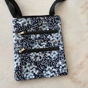 Nicole's Boutique messenger bag-Black, blue & grey print-3 zipper sections